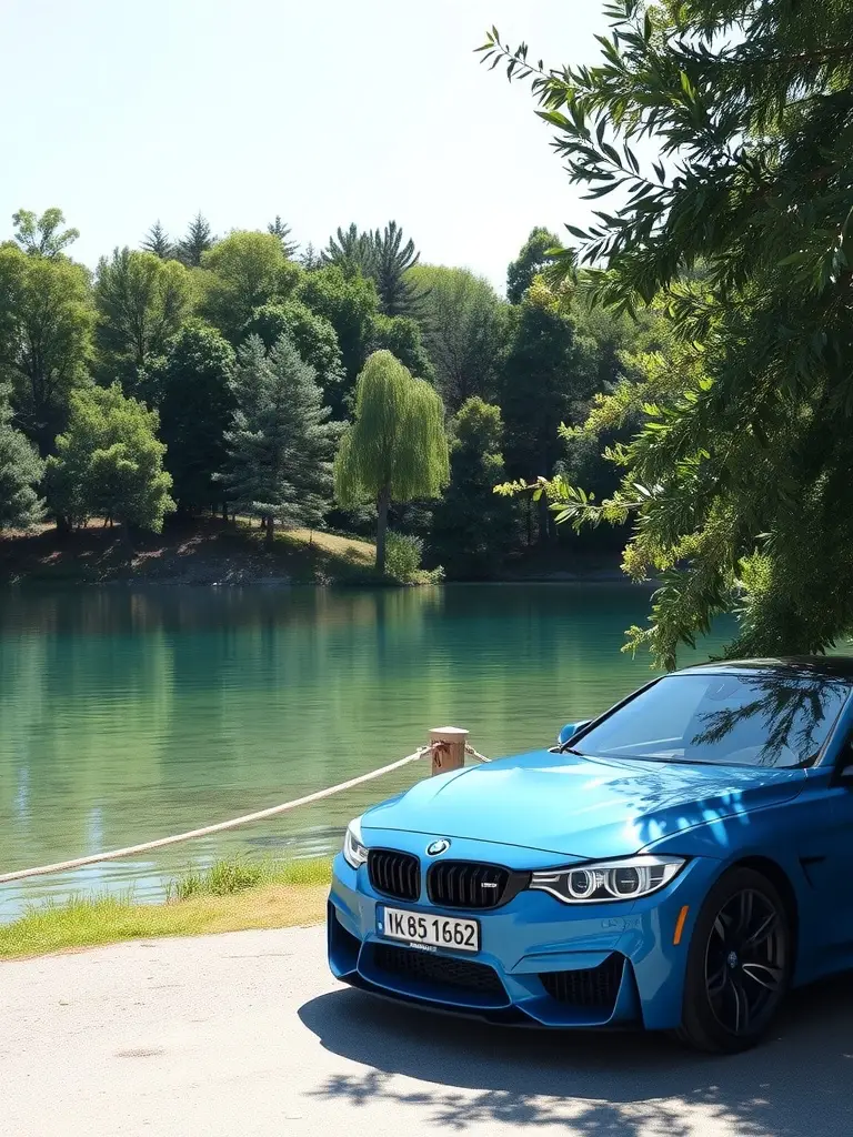 A San Marino Blue BMW M3 parked near a clear lake surrounded by lush trees.