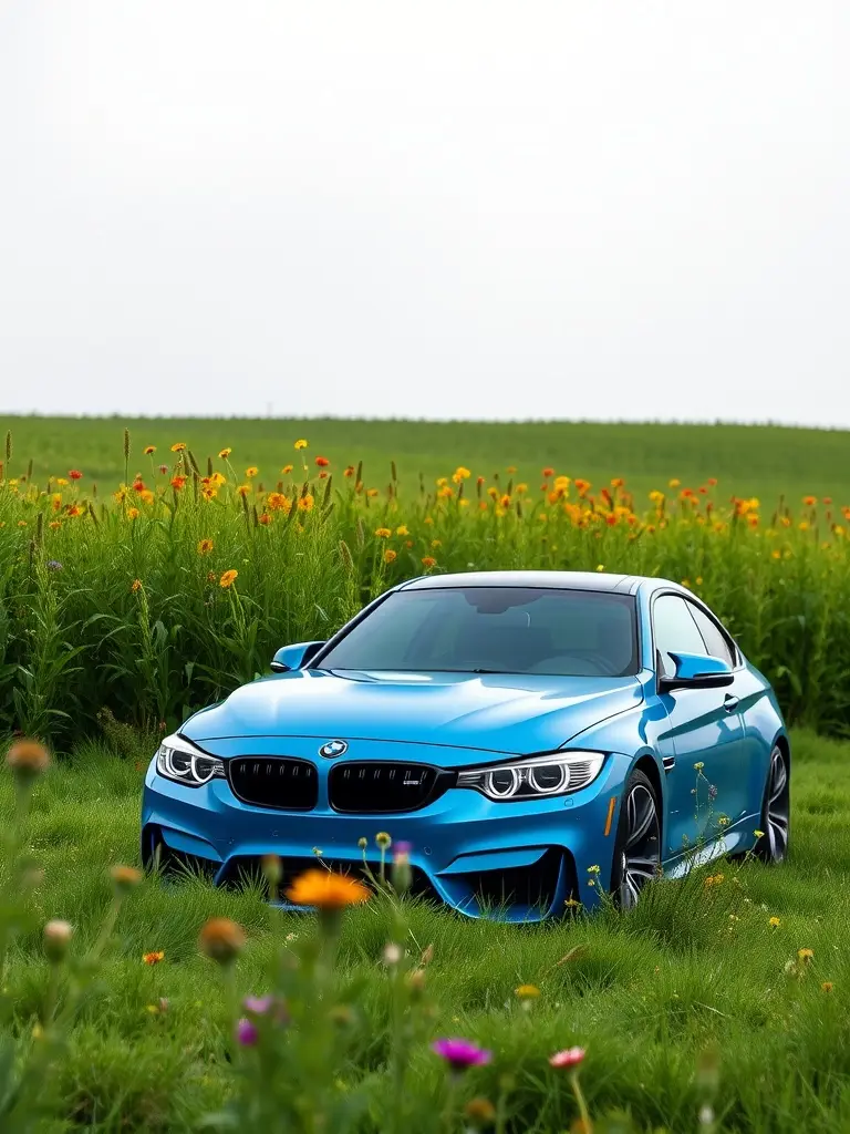 A Santiago Blue BMW M3 parked in a lush green field with colorful flowers.