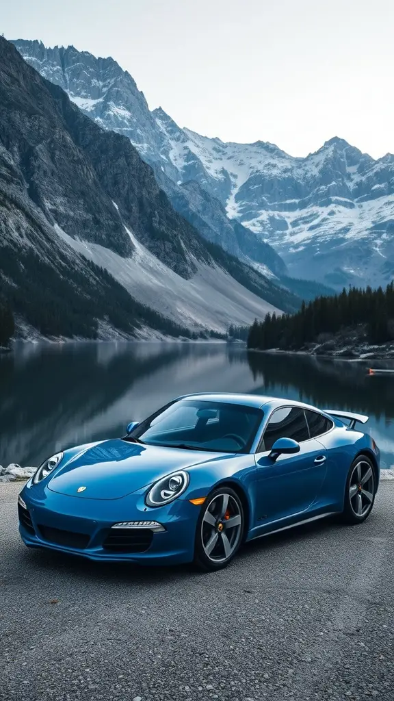 Sapphire blue Porsche Cayman parked near a tranquil lake with mountains in the background