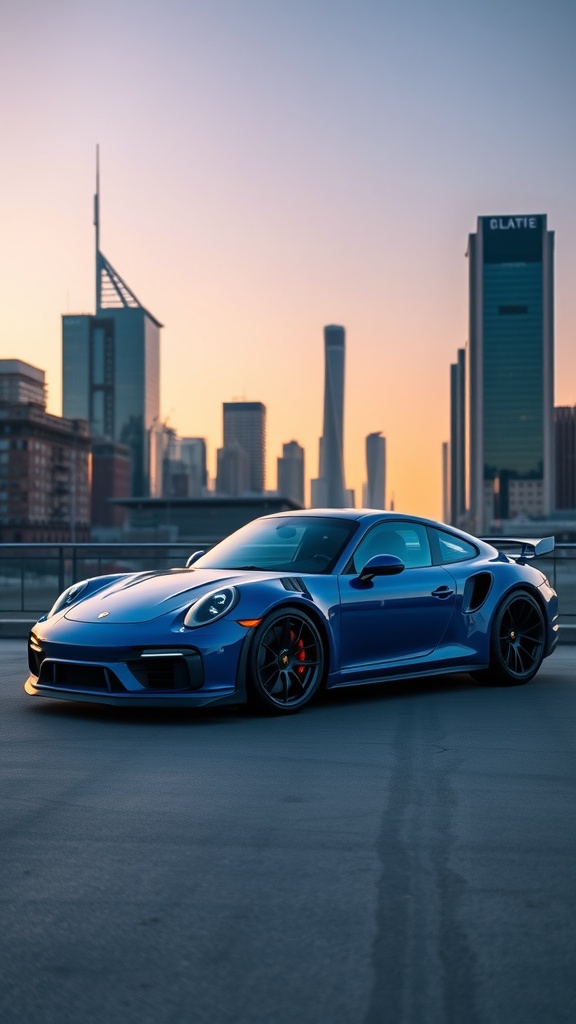 Porsche 911 Turbo S in Sapphire Blue with an urban skyline in the background