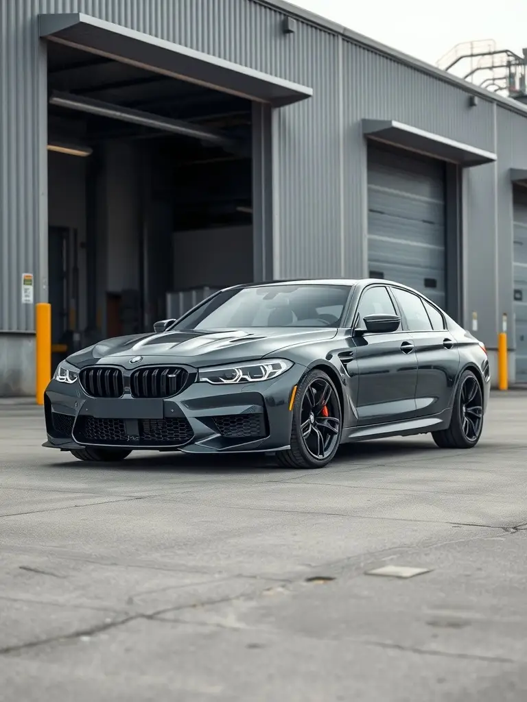A satin black BMW M3 parked in an industrial area with gray buildings.