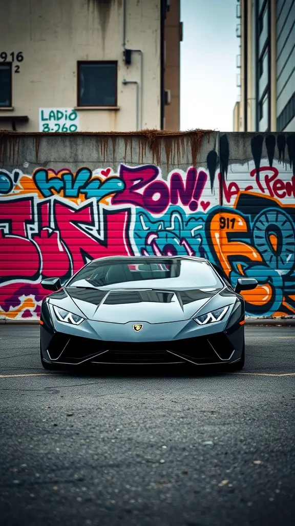 A black Lamborghini in front of colorful graffiti on a wall.