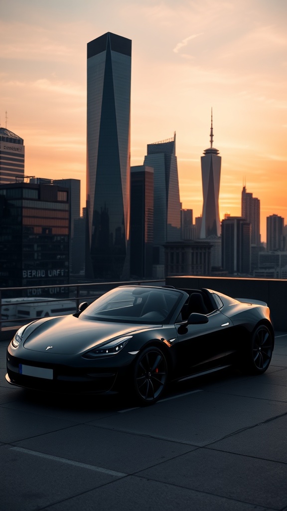 A sleek black Tesla Roadster parked in a cityscape with tall buildings and evening lights.