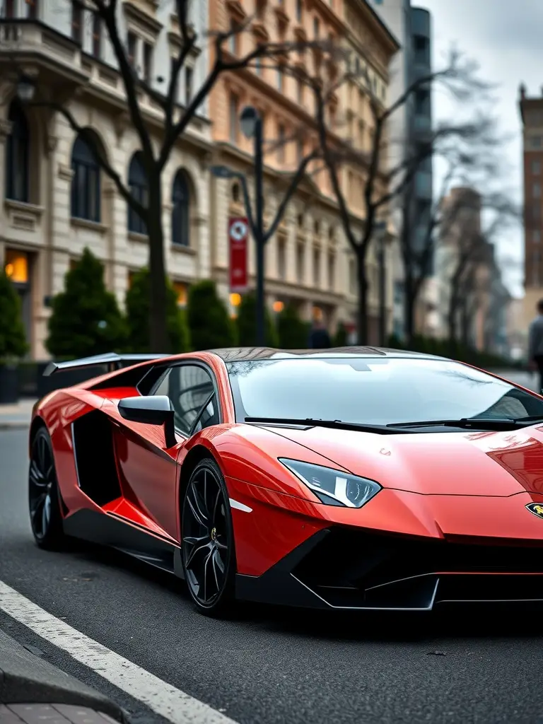 Lamborghini Aventador in metallic red parked on a city street
