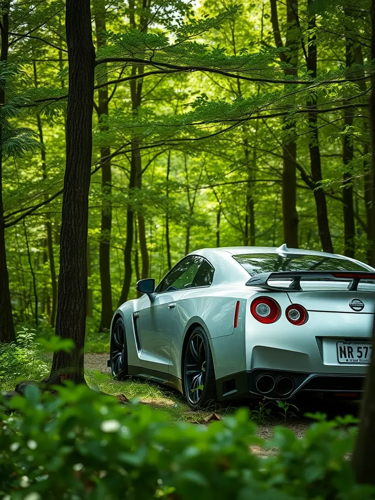 A sleek silver Nissan GTR parked in a green forest, blending with the surroundings.