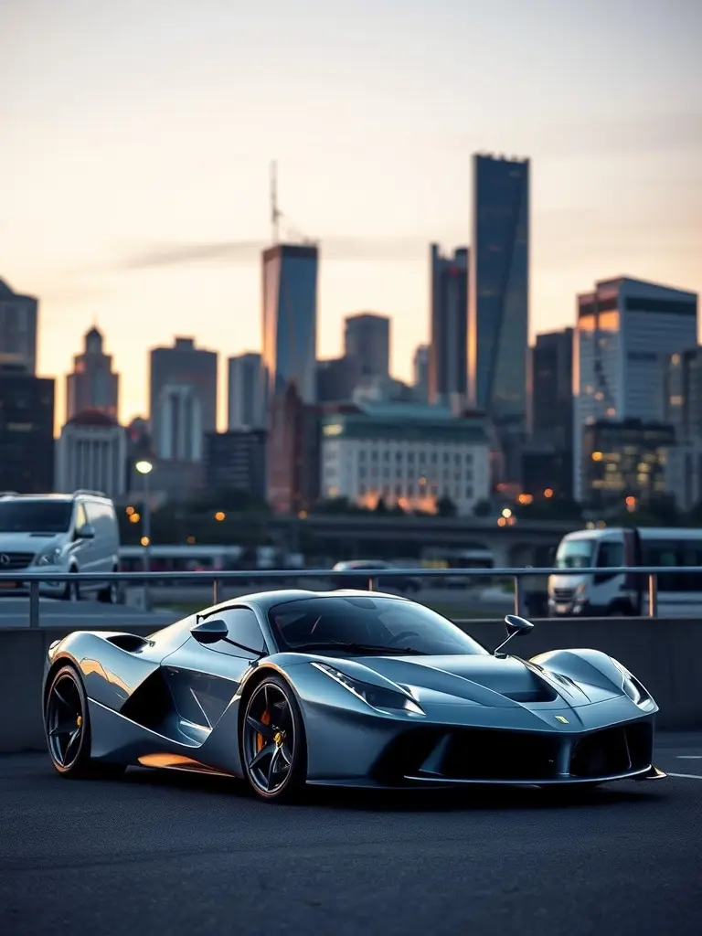 A sleek silver LaFerrari parked with an urban skyline in the background during sunset.