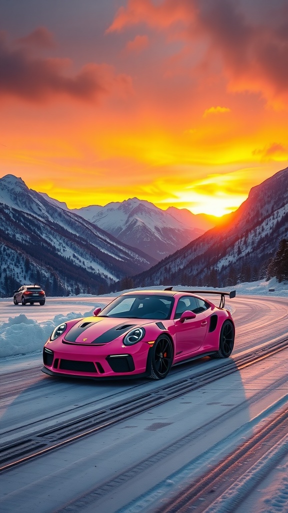 A pink Porsche 911 GT3 RS parked on a snowy road with a mountain range at sunset.