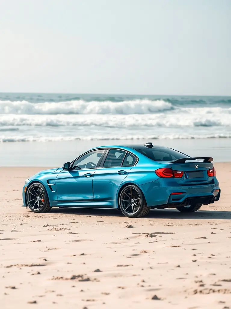 Sonic Speed Blue BMW M3 parked on a beach with ocean in the background.