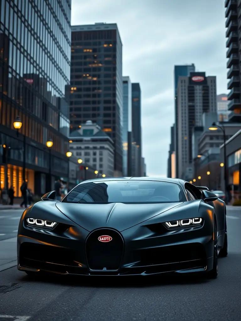 Matte black Bugatti Chiron parked in an urban setting with tall buildings.