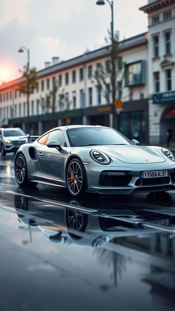 Steel grey Porsche 911 Turbo S parked on a rainy street