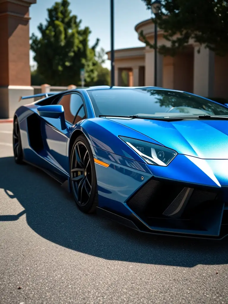 Lamborghini Aventador in a striking metallic blue finish parked on the street.