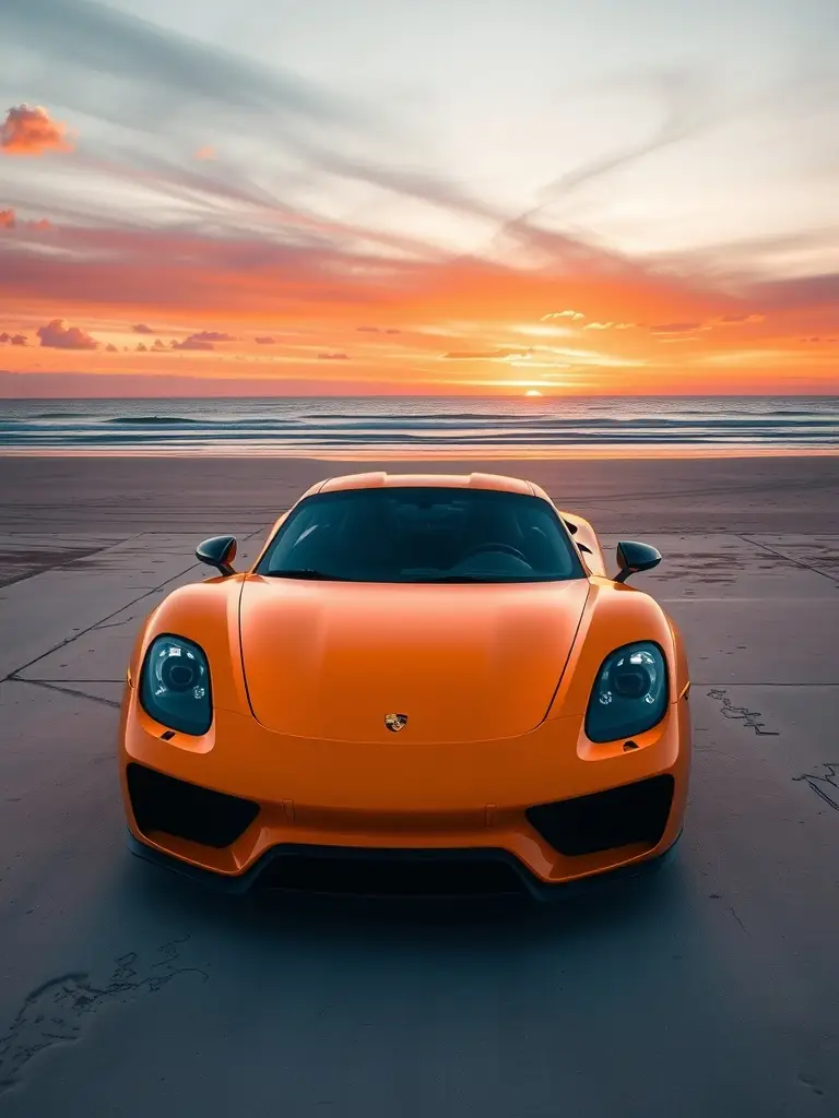 Porsche 918 Spyder in vibrant orange against a summer sunset at the beach.