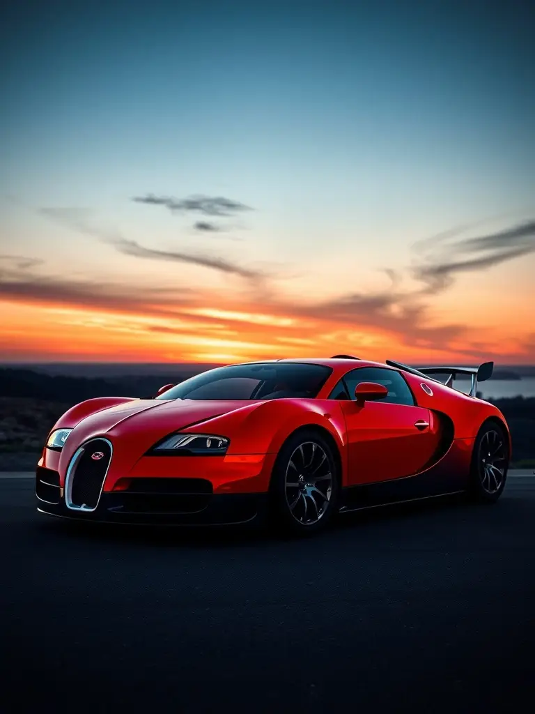 A vibrant orange Bugatti Veyron Super Sport parked against a sunset backdrop.