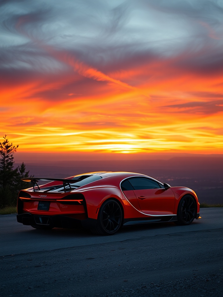 A Bugatti Chiron in sunset orange parked against a colorful dusk sky.