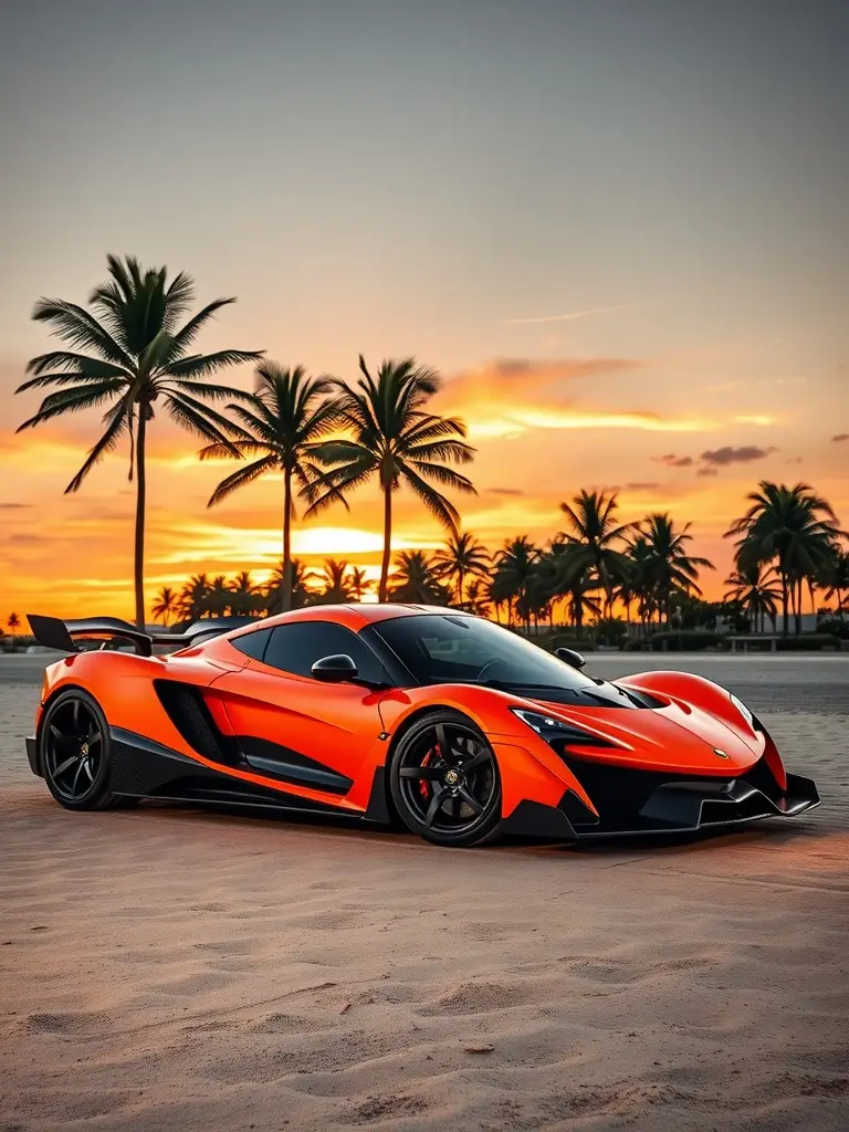 Sunset orange Hennessy Venom F5 parked on the beach at sunset with palm trees.