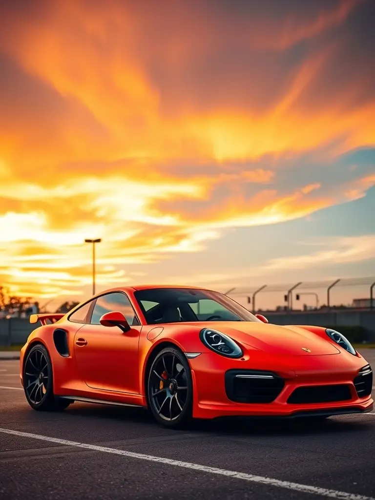 Porsche 911 Turbo S in sunset orange matte finish against a vibrant sunset sky.