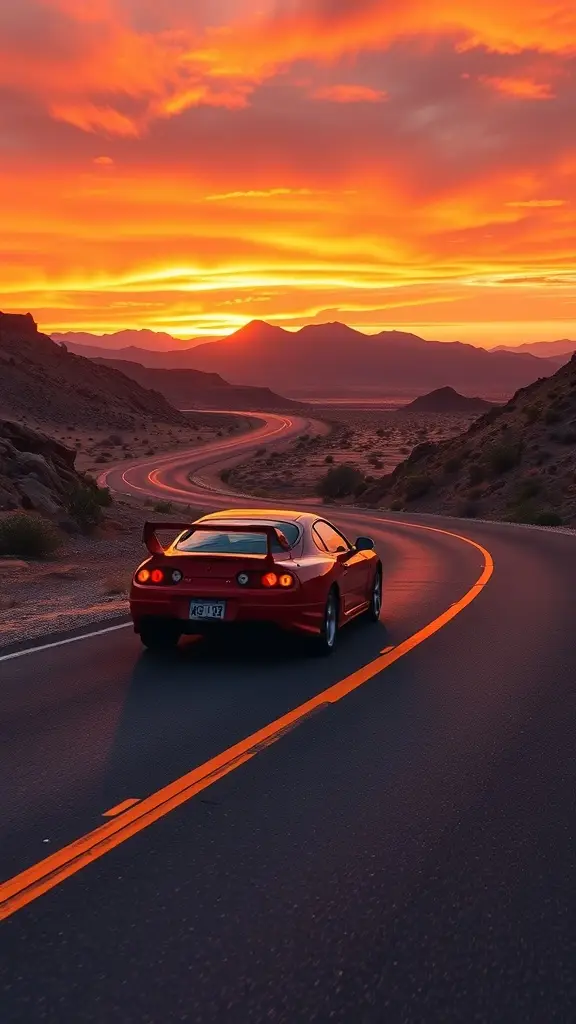 A Toyota Supra MK1 in sunset orange parked on a winding desert road with a colorful sunset in the background.