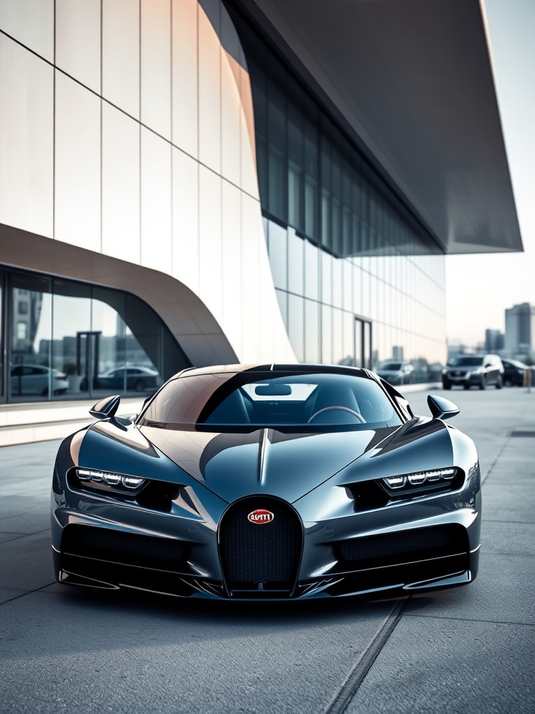 Bugatti Chiron in Titanium Grey parked against a modern urban building.