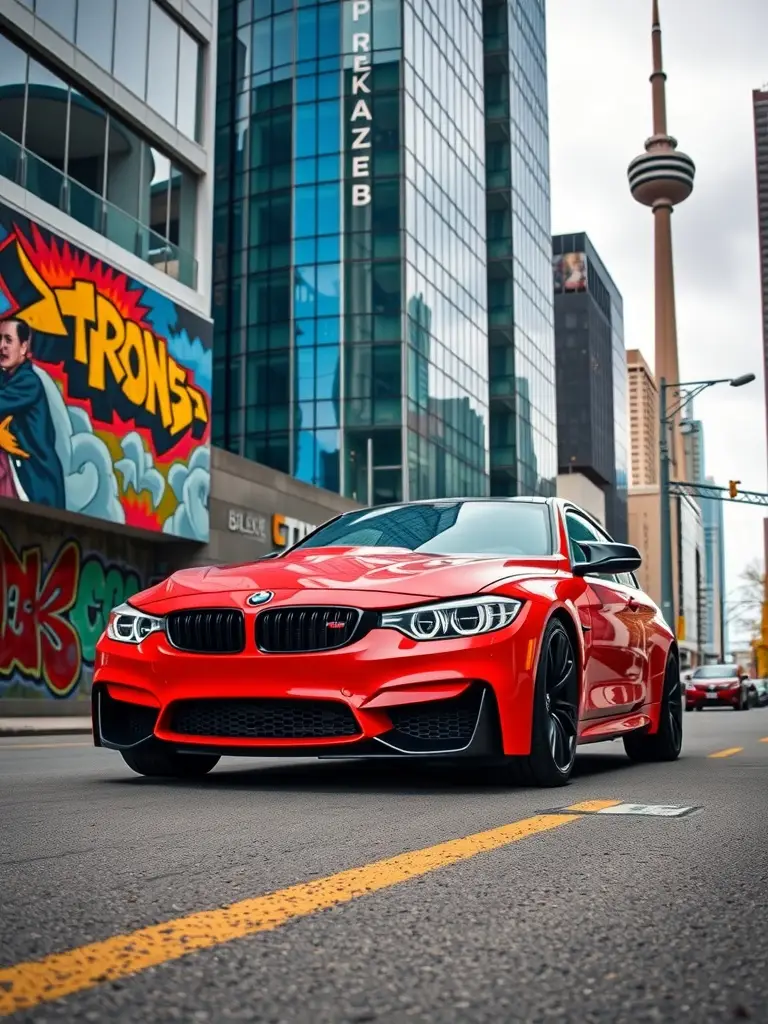 Toronto Red BMW M3 in an urban environment with tall buildings in the background.
