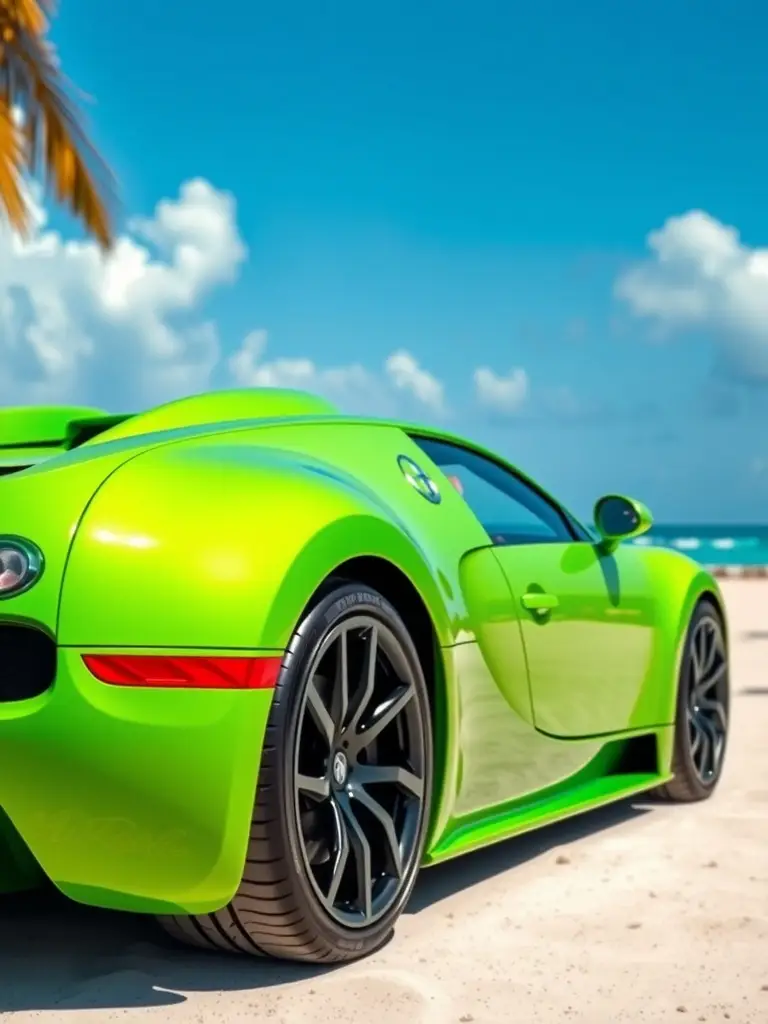 Bugatti Veyron Super Sport in a vibrant green color surrounded by palm trees and a beach.