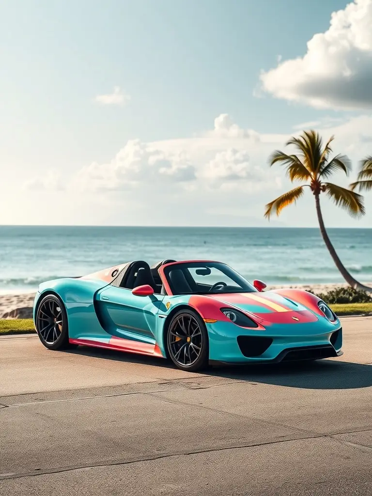 Porsche 918 Spyder in tropical setting with beach and palm trees.