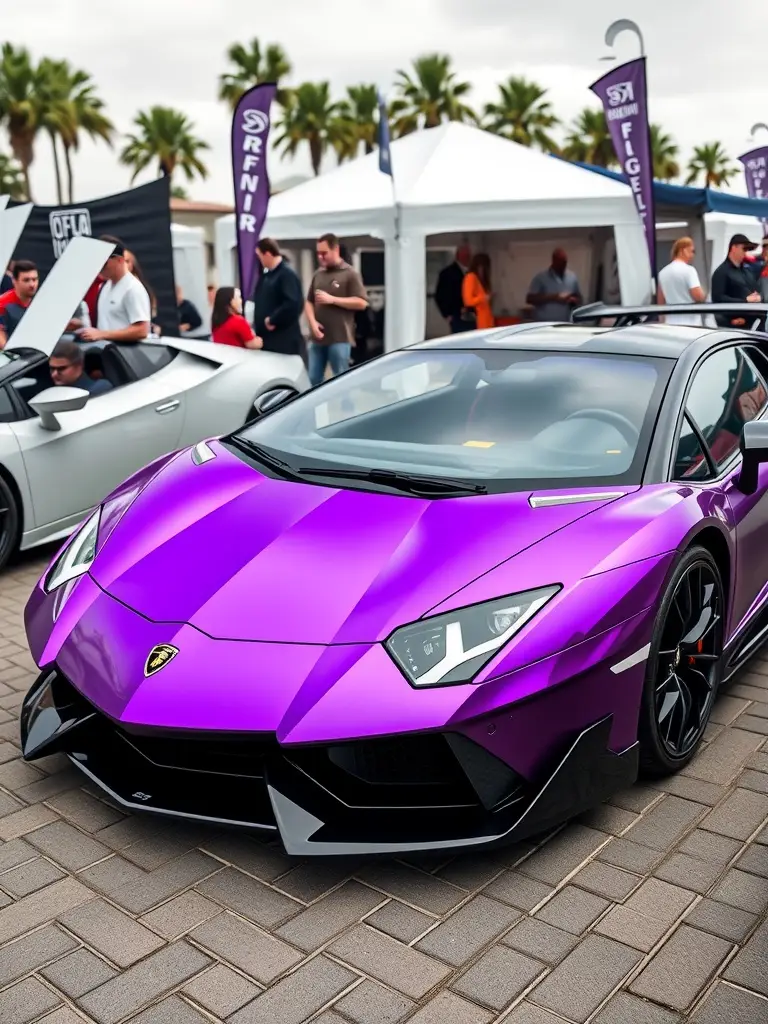 Lamborghini Aventador in metallic purple parked at a car event with people around.