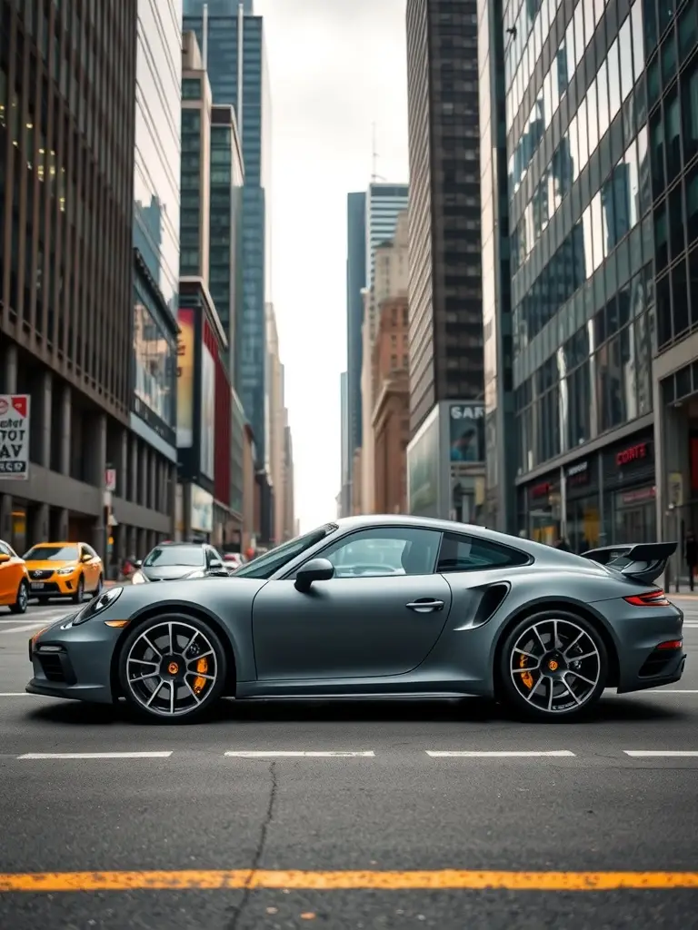 A Porsche 911 Turbo S with a matte grey finish parked in a city street, surrounded by tall buildings.