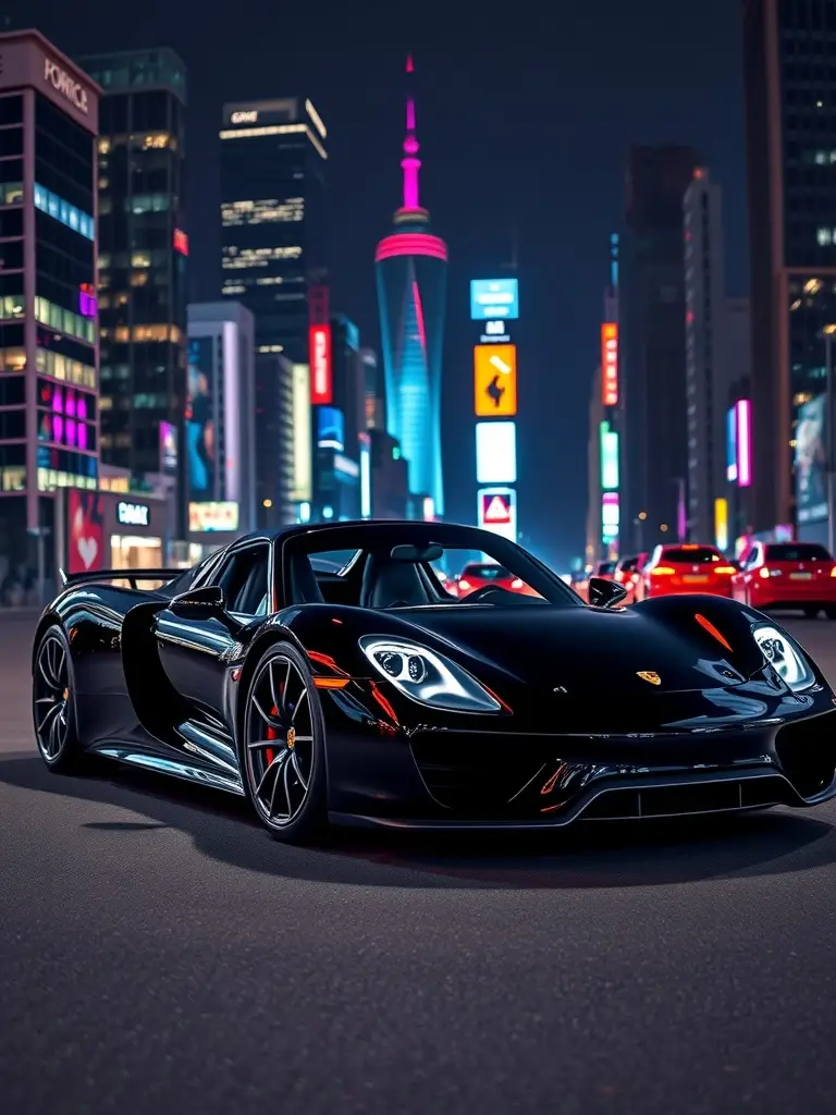 A Porsche 918 Spyder parked on a city street at night, illuminated by colorful lights from surrounding buildings.