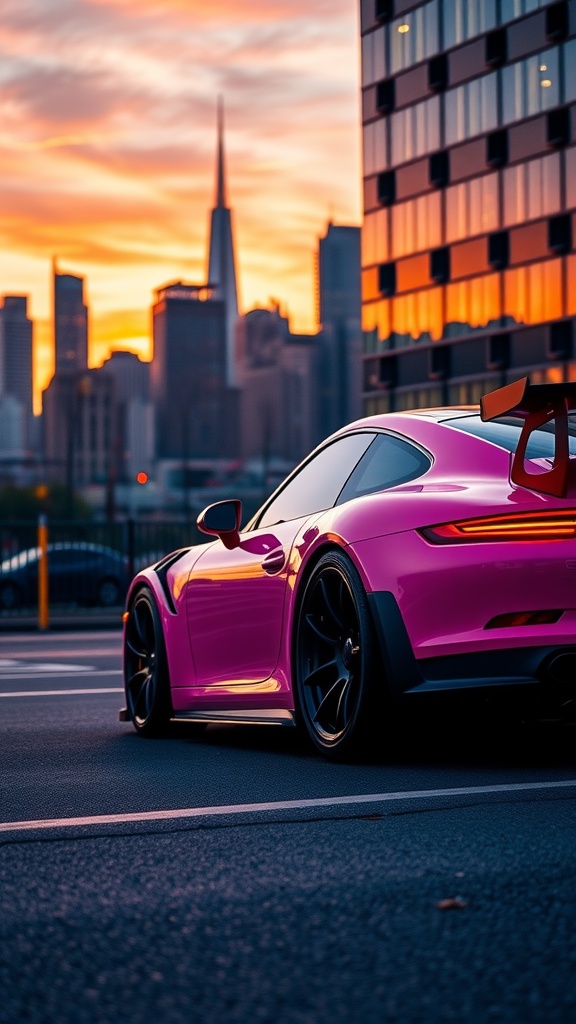 Pink Porsche 911 GT3 RS parked with an urban skyline at sunset