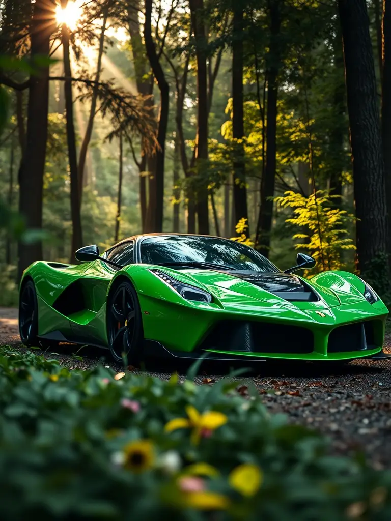 A vibrant green LaFerrari parked in a lush forest with sunlight filtering through the trees.