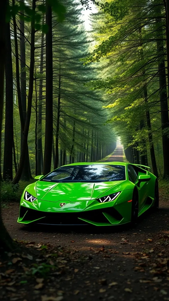 A vibrant green Lamborghini parked on a forest road, surrounded by tall trees.