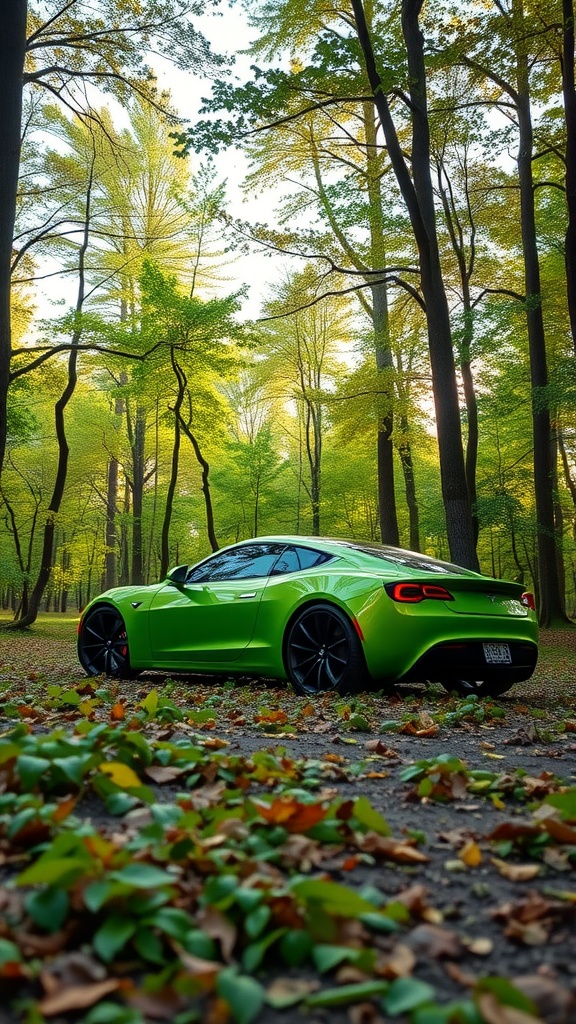 A vibrant green Tesla Roadster parked in a forest with tall trees and autumn leaves.