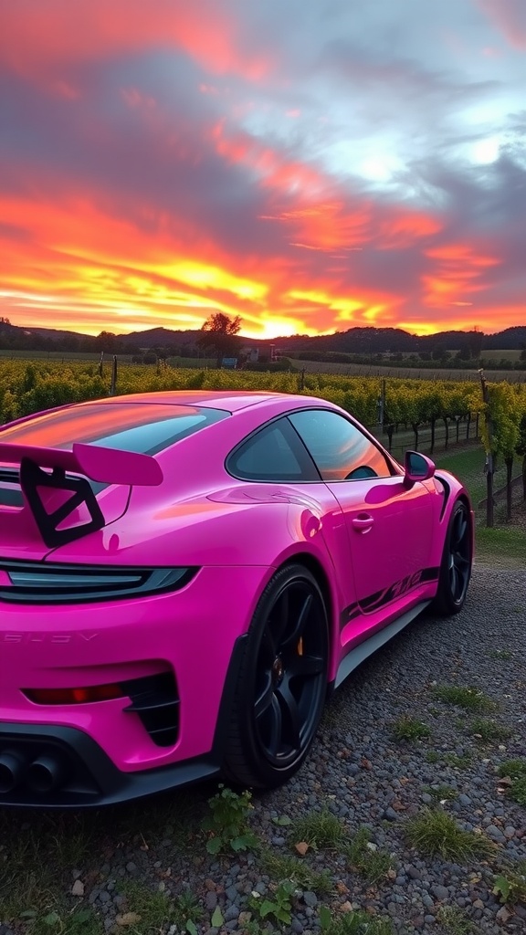 A pink Porsche 911 GT3 RS parked in a vineyard during sunset.
