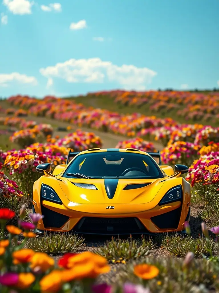 A bright yellow Hennessy Venom F5 parked among colorful flowers in a sunny field.