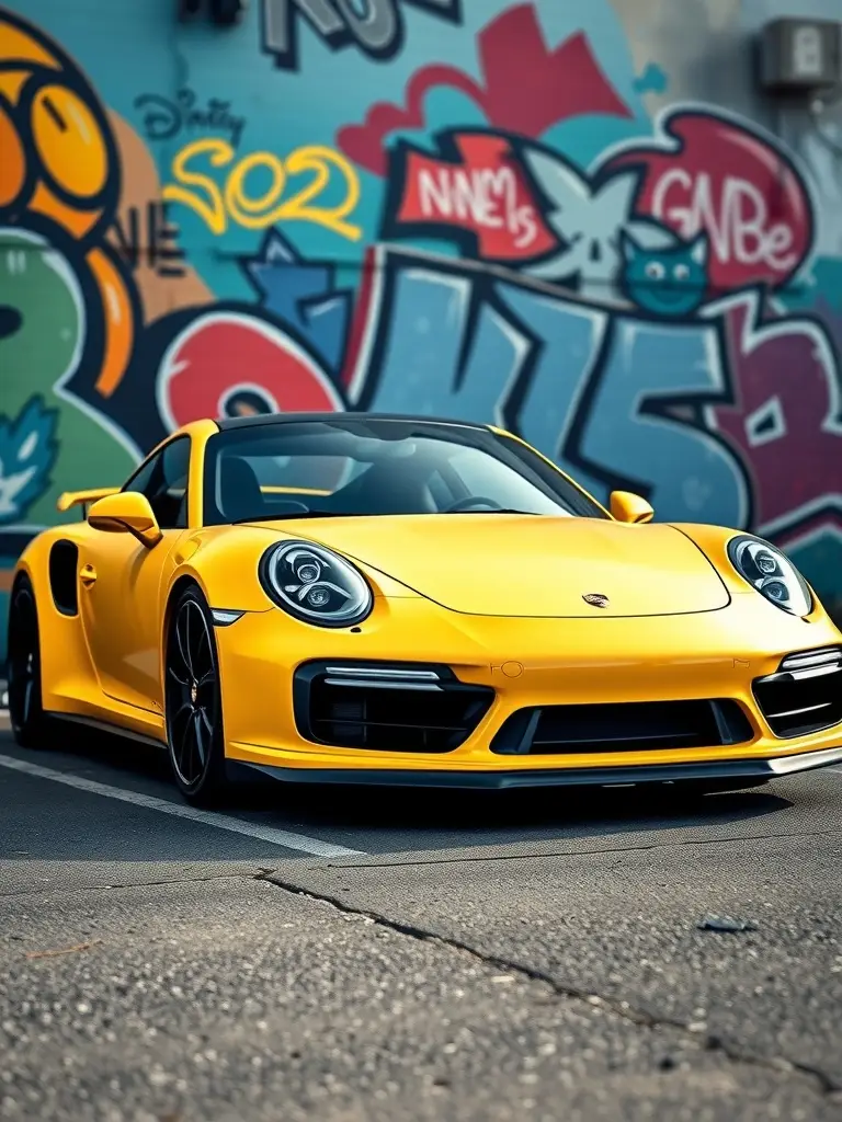 A vibrant yellow matte Porsche 911 Turbo S parked in front of colorful graffiti.