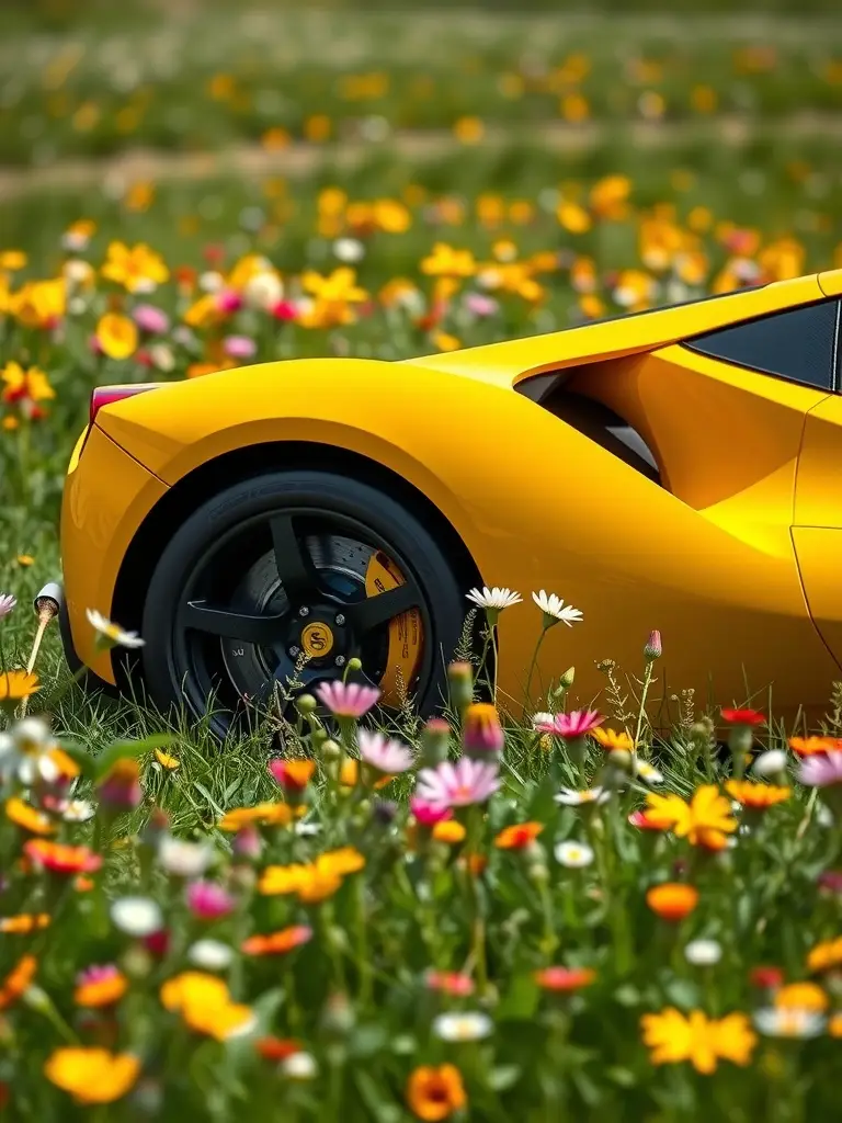 Ferrari SF90 in vibrant yellow parked amid a colorful flower field
