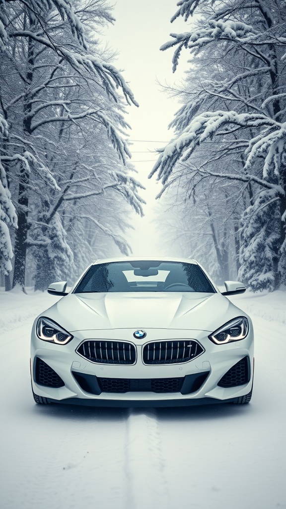 White BMW Z4 parked in a snowy landscape surrounded by trees.