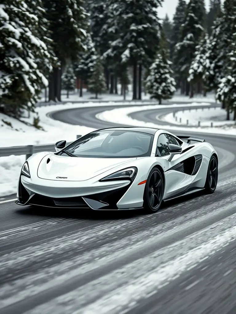 A white McLaren sports car driving on a snow-covered road surrounded by trees.
