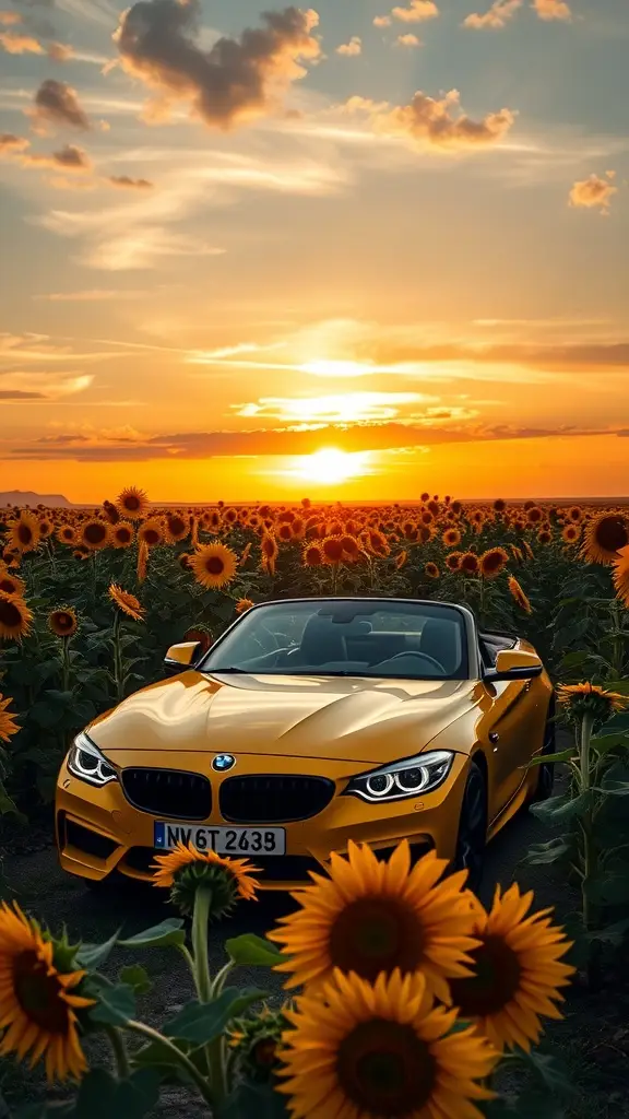 A yellow BMW Z4 in a field of sunflowers under a clear blue sky.